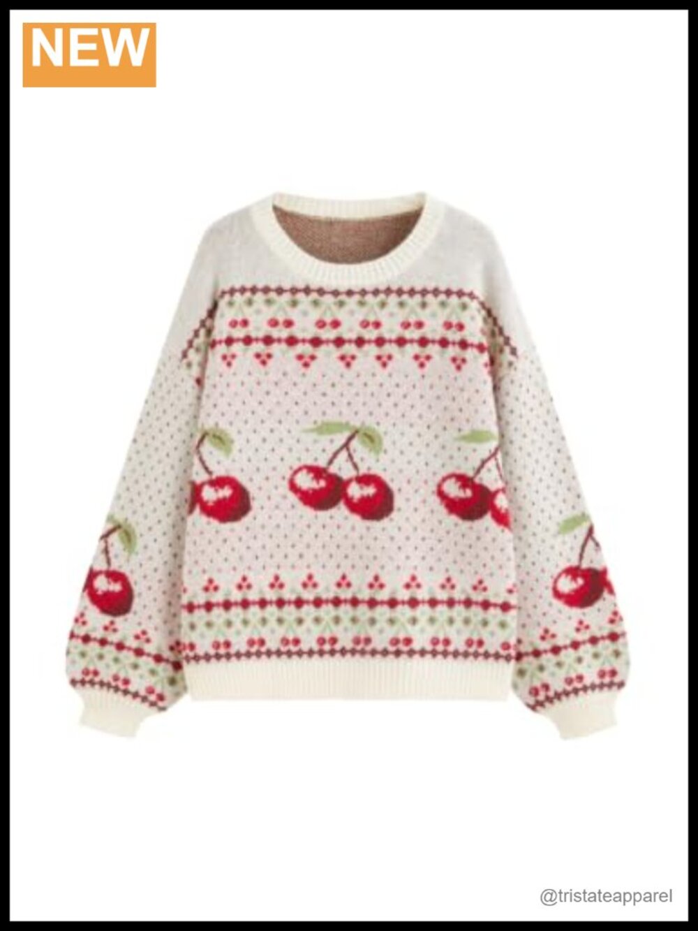 Oversized Cherry Jacquard Cropped Chunky Sweater Cream Balloon Sleeves Knit